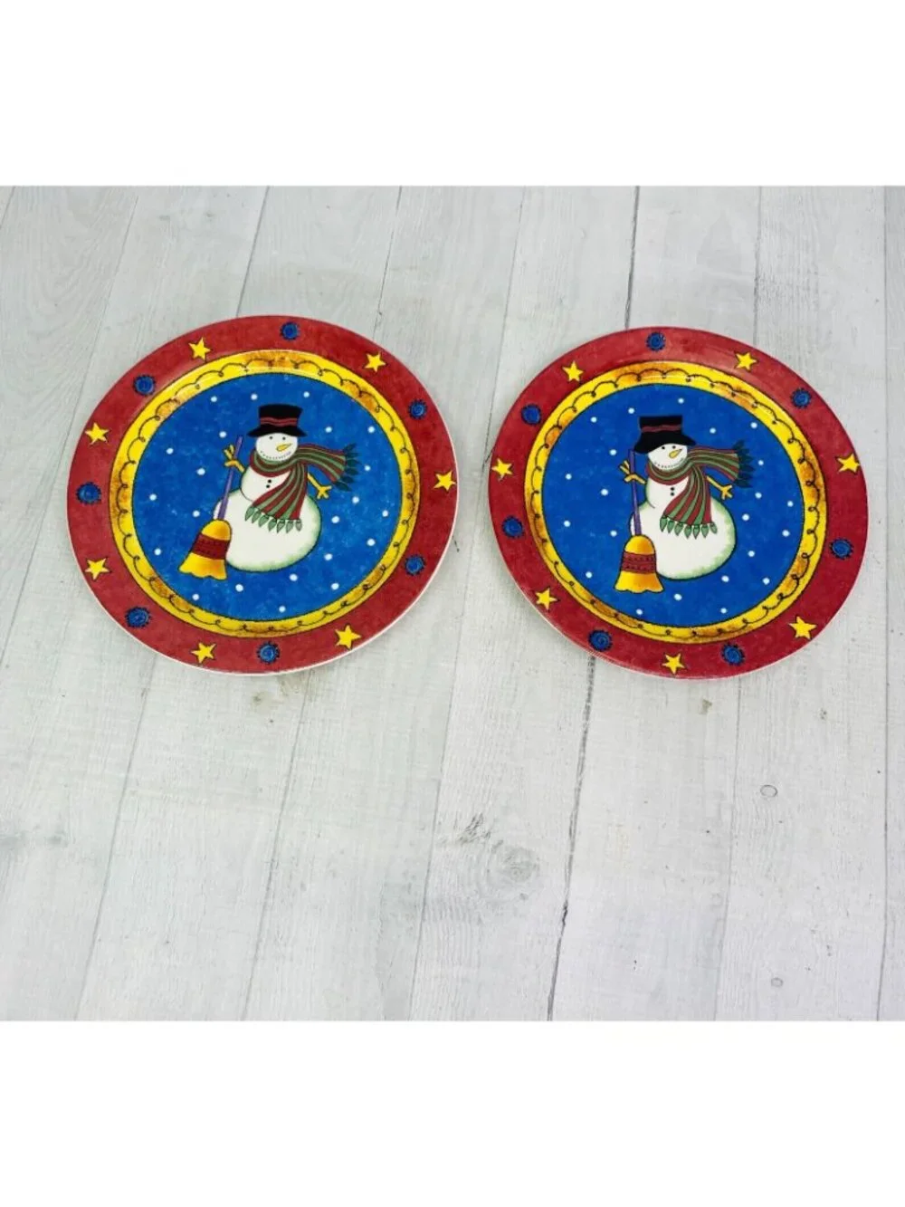 Sango Sue Zipkin SWEET SHOPPE CHRISTMAS Red Rim Snowman Salad Lunch Plates Set 4